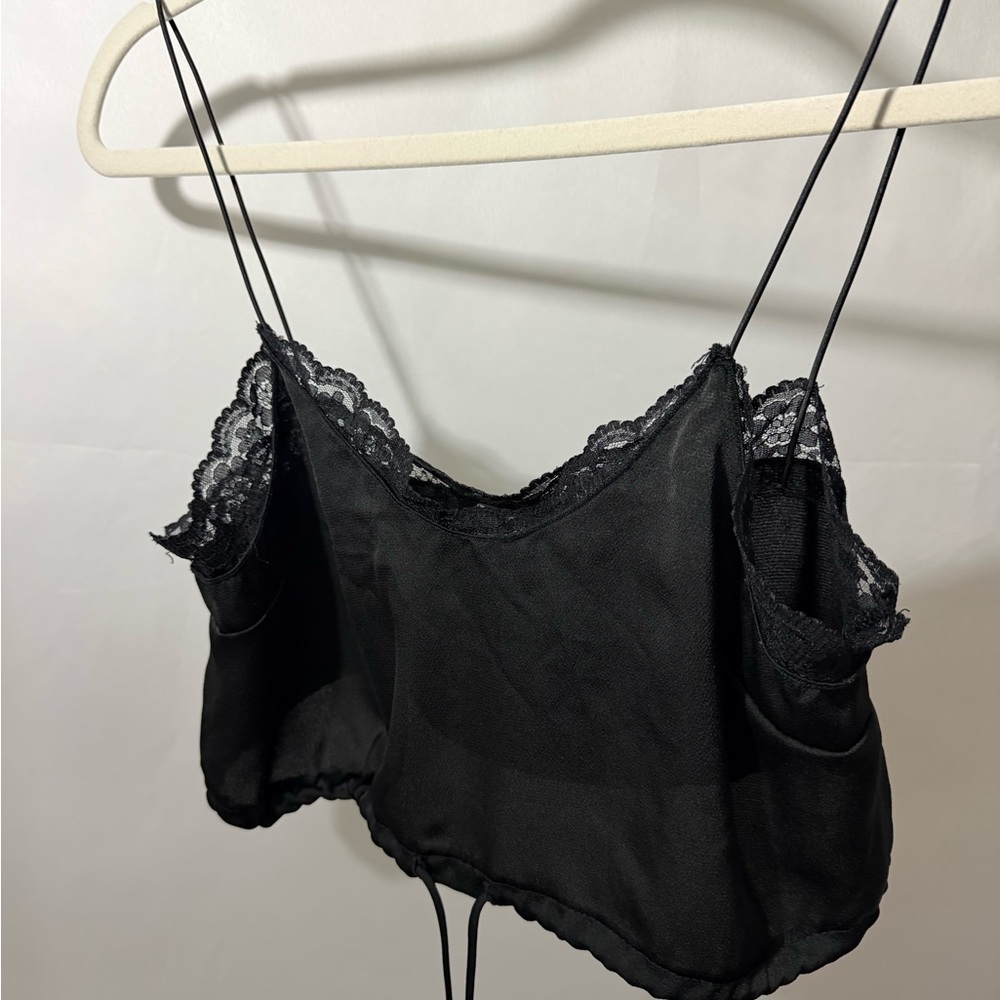 AE Studio American Eagle Black Lace Trim Tie Front Crop Cami Size S‎